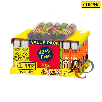 CLIPPER LIGHTER PRINTED LARGE 48CT+5CT/ DISPLAY - FAMOUS FOOD